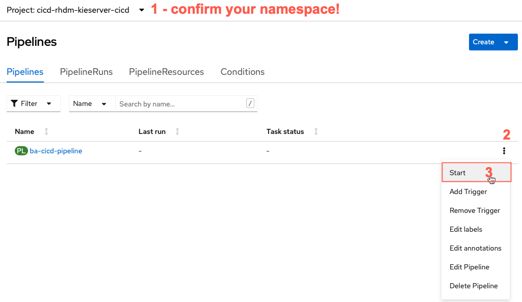 Start Pipeline Menu